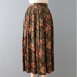 Vintage 80s 90s Susan Bristol Olive Green Botanical Floral Pleated Maxi Skirt 14
